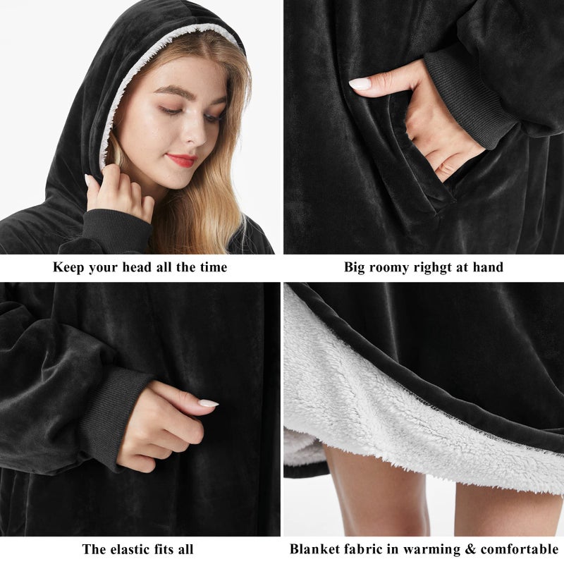 Felicigeely Blanket Hoodie, Oversized Wearable Blanket Sweatshirt for Adults Women Men Warm Cozy Thick Black Hooded Blanket with Pockets and Sleeves Gift for Her Mom Girls - Image 4